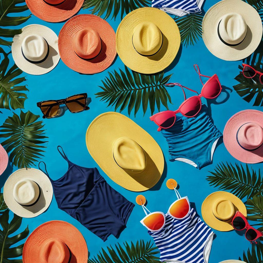 A vibrant summer scene showcasing a stylish array of swimwear laid out on a sun-kissed poolside, blending into the deep blue ocean waves in the background. Sun hats, sunglasses, and beach towels surround the swimwear, evoking a sense of adventure and relaxation. Include splashes of water and tropical plants to enhance the summery feel. super-realistic. vibrant colors. high contrast.